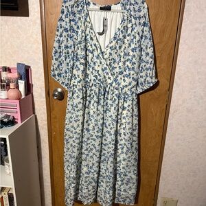 Lane Bryant Cream Midi Dress with Blue Floral Print